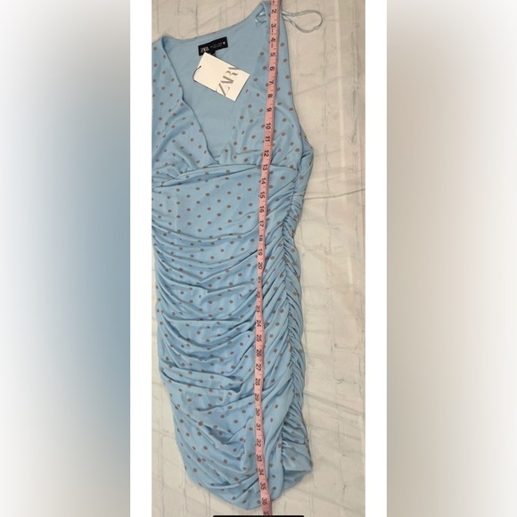 ZARA Blue Polka Dot Mini Dress Ruched V Neck Women’s Size Large NEW - Picture 12 of 14